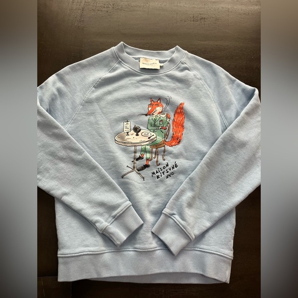 Maison Kitsuné “Fox at Café” Graphic Sweatshirt Small Light Blue 100% Cotton - Picture 1 of 7